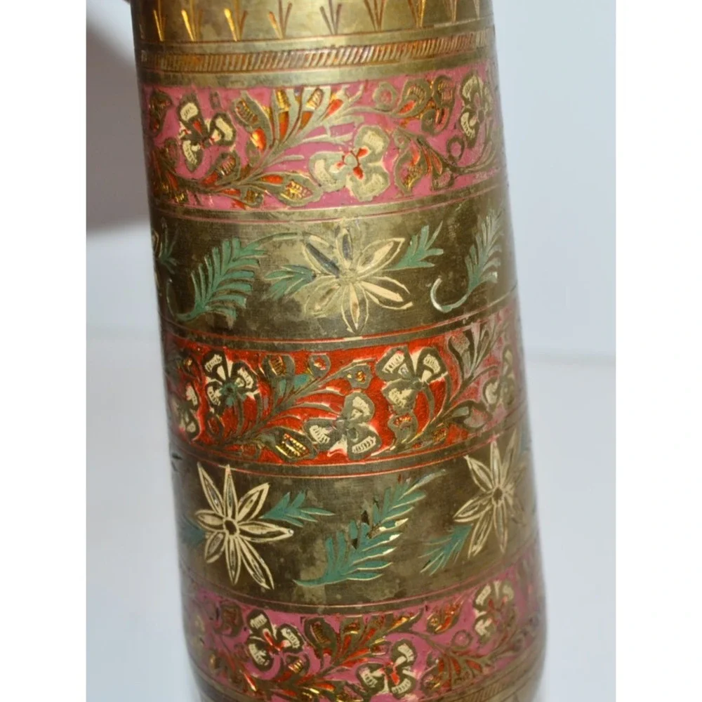Vtg Brass Colorful Etched Vase Red & Green Footed Made India